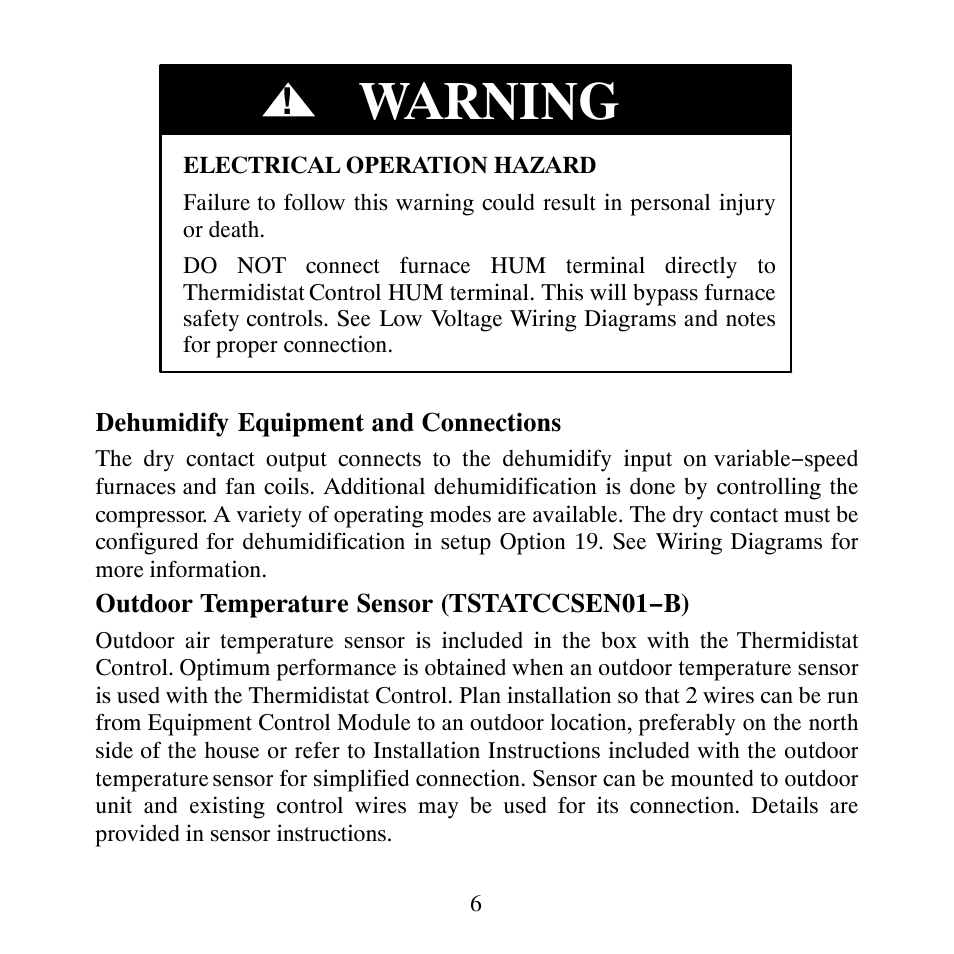 Warning | Carrier PERFORMANCETSERIES EDGER THERMIDISTATT CONTROL TP-PRH-A User Manual | Page 6 / 88