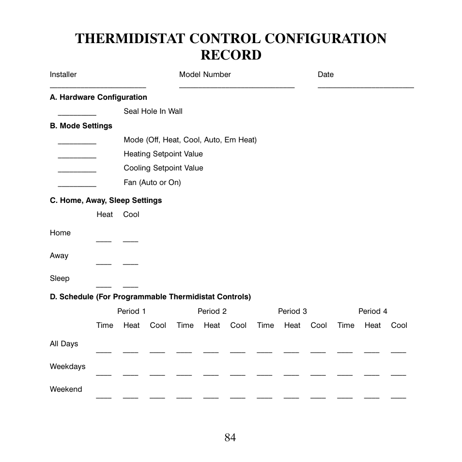 Thermidistat control configuration record | Carrier PERFORMANCETSERIES EDGER THERMIDISTATT CONTROL TP-PRH-A User Manual | Page 84 / 88