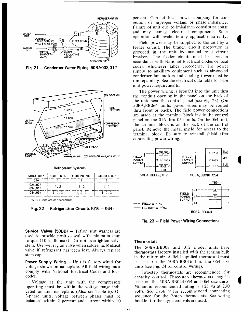 Fig. 22 — refrigeration circuits (016 — 064), Fig. 23 — field power wiring connections, Thermostats | L3---- —[i | Carrier 50BA User Manual | Page 10 / 16