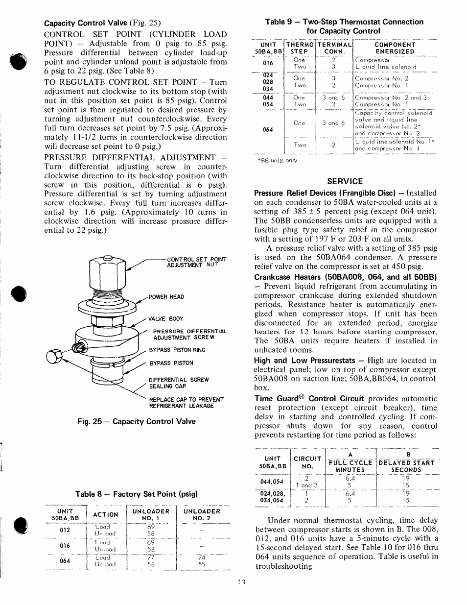 Capacity control valve (fig. 25), Service, Table 8 — factory set point (psig) | Carrier 50BA User Manual | Page 13 / 16