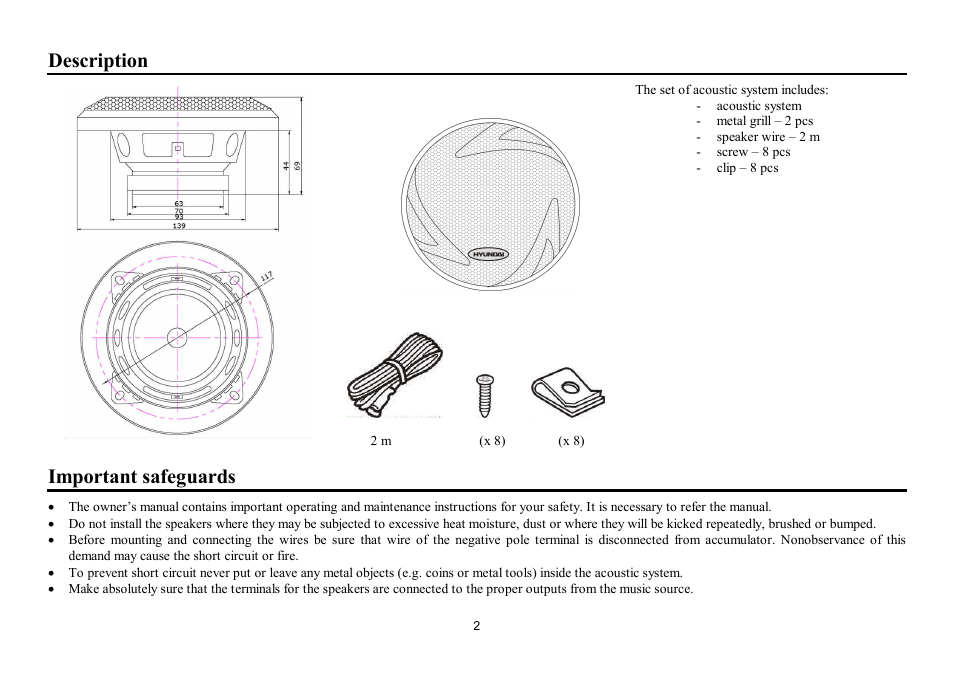 Description, Important safeguards | Hyundai H-CSE403 User Manual | Page 2 / 12