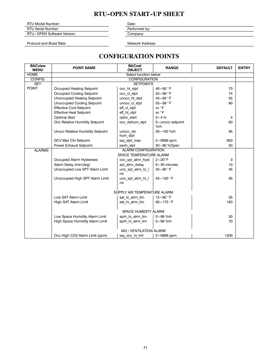 Rtu--open start--up sheet, Configuration points | Carrier 50HCQ04---12 User Manual | Page 41 / 44