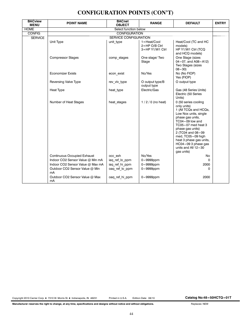 Configuration points (con’t) | Carrier 50HCQ04---12 User Manual | Page 44 / 44