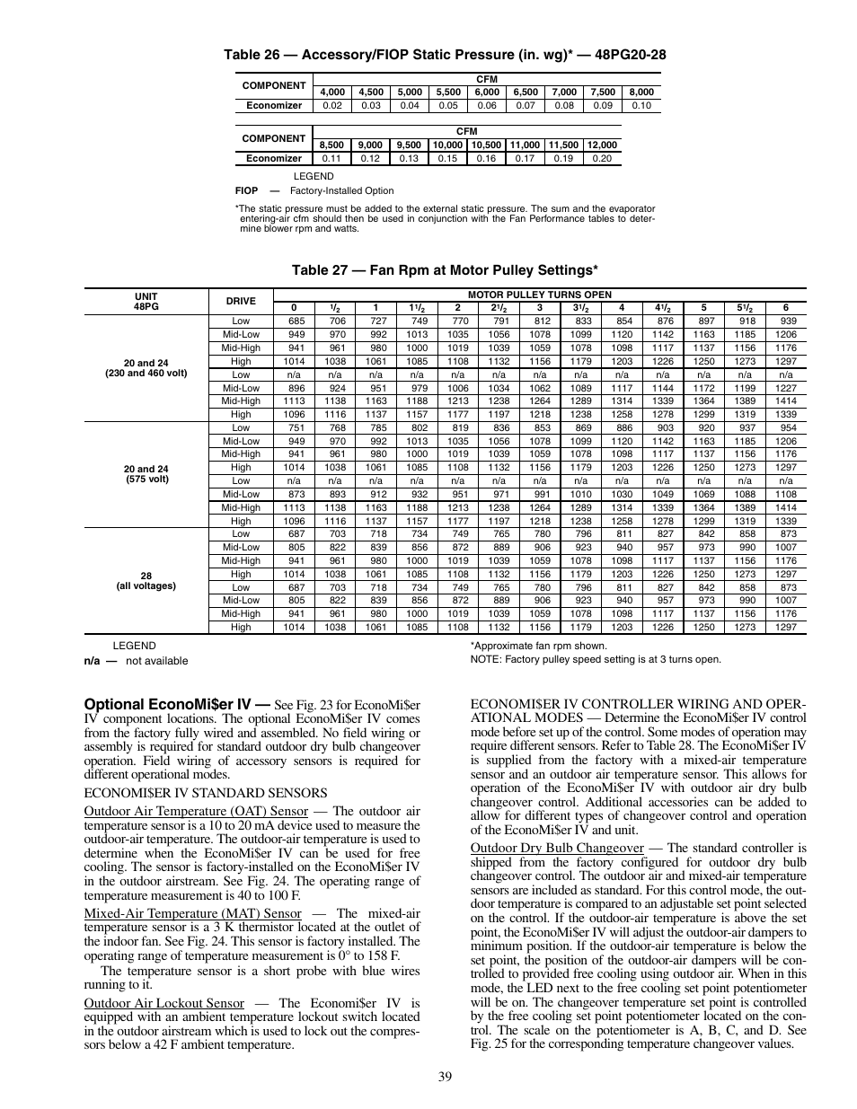 Optional economi$er iv, Table 27 — fan rpm at motor pulley settings | Carrier SINGLE PACKAGE ROOFTOP UNITS 48PG20-28 User Manual | Page 39 / 64