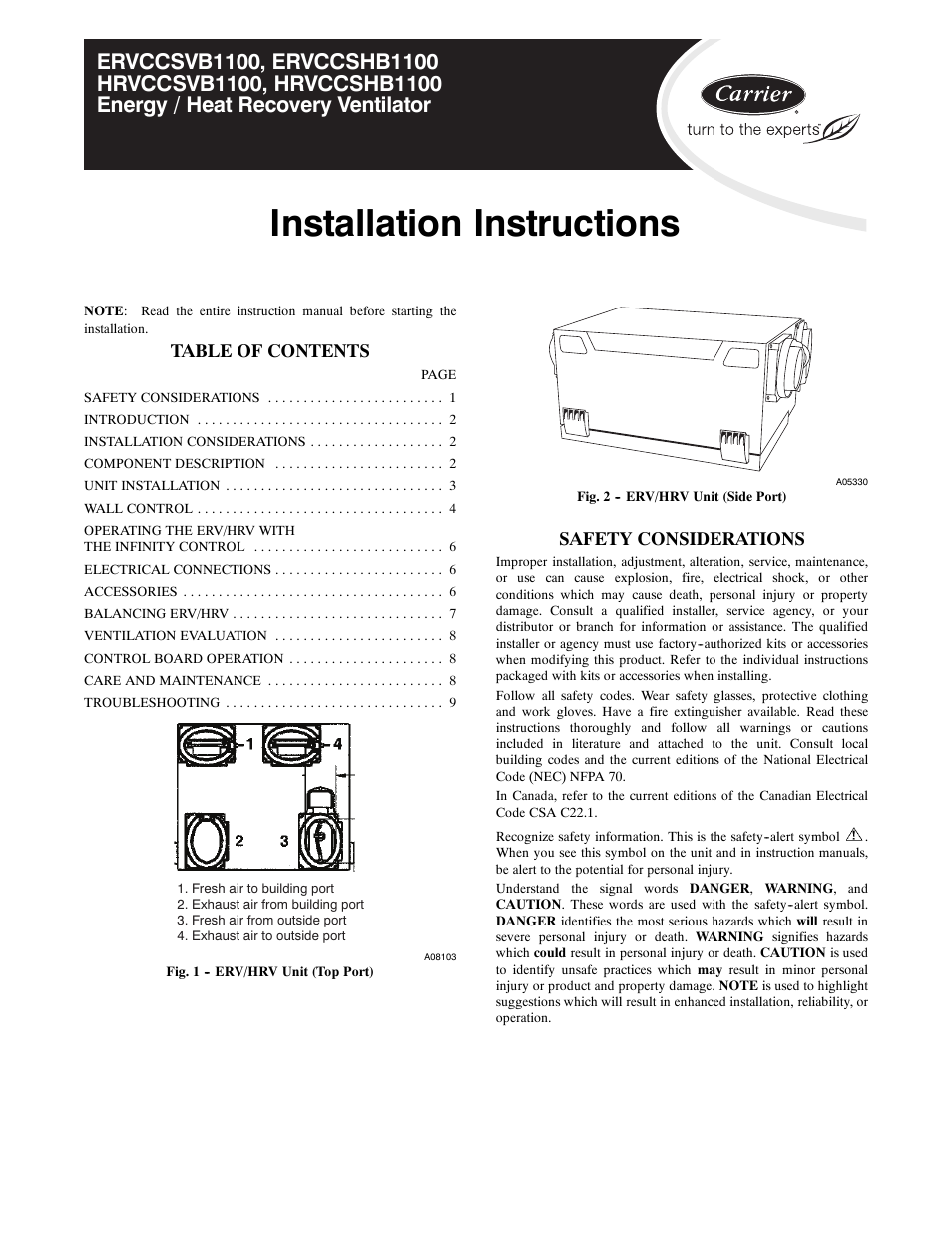 Carrier ENERGY / HEAT RECOVERY VENTILATOR ERVCCSVB1100 User Manual | 14 pages