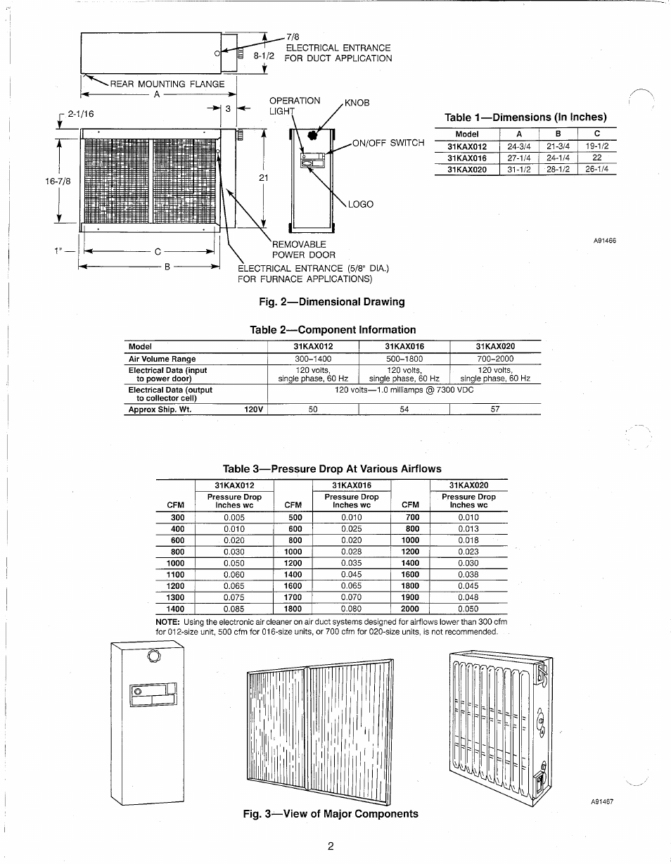 Table 3—pressure drop at various airflows, Table 1—dimensions (in inches), Fig. 3^view of major components | Carrier 31KAX User Manual | Page 2 / 12