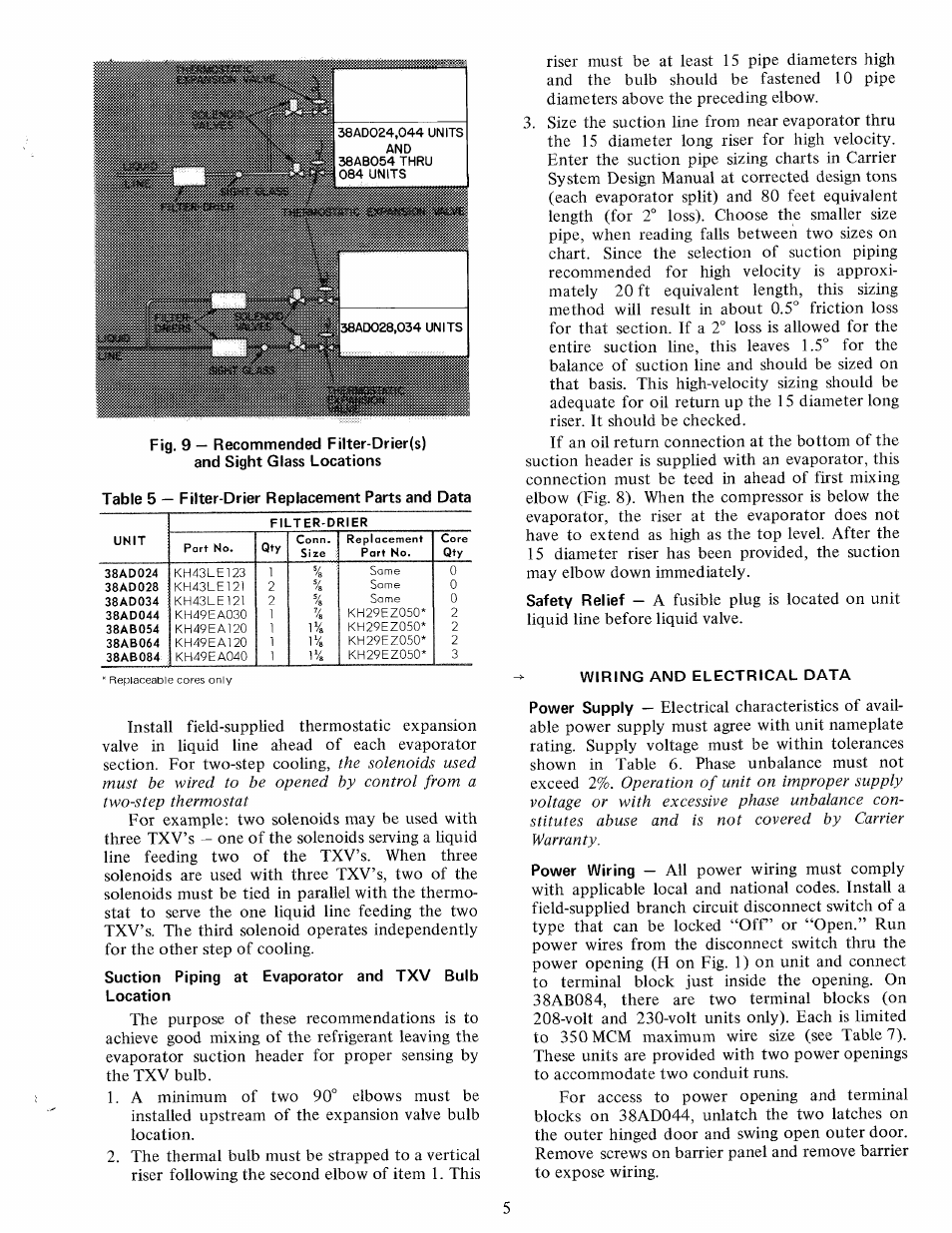 Suction piping at evaporator and txv bulb location, Wiring and electrical data | Carrier 38AD028   Carri38AD044 User Manual | Page 5 / 12