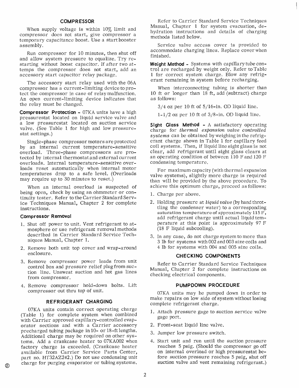 Compressor, Refrigerant charging, Checking components | Pumpdown procedure | Carrier 07KA User Manual | Page 2 / 4