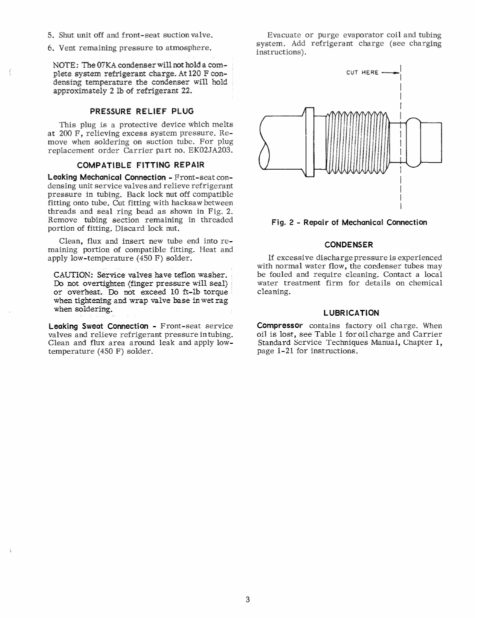 Pressure relief plug, Compatible fitting repair, Lubrication | Carrier 07KA User Manual | Page 3 / 4