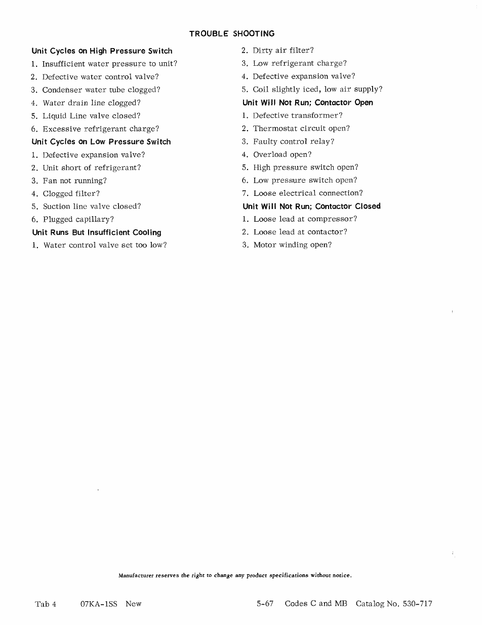 Trouble shooting, Unit cycles on high pressure switch | Carrier 07KA User Manual | Page 4 / 4