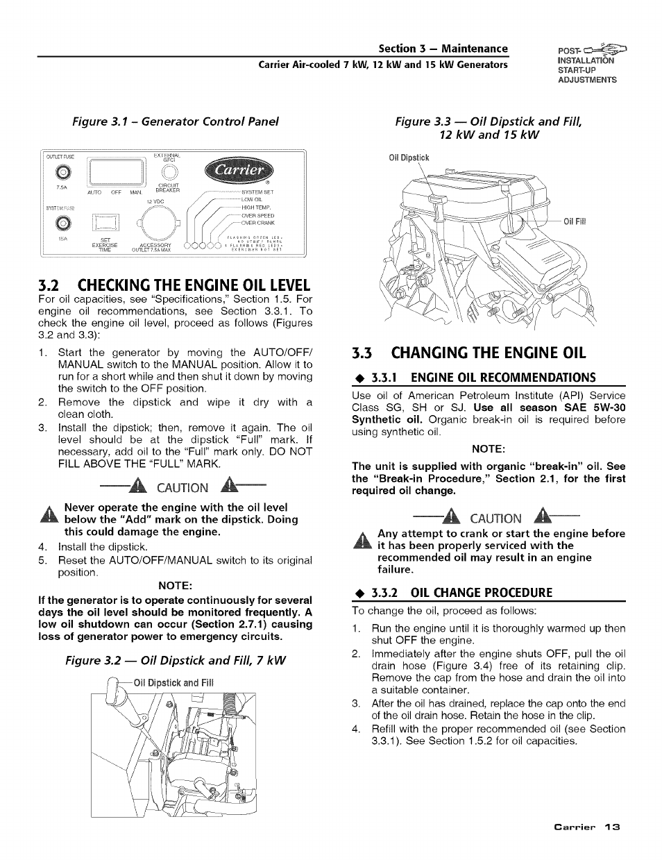 2 checking the engine oil level, 3 changing the engine oil, 1 engine oil recommendations | 2 oil change procedure, Checking the engine oil level, Changing the engine oil | Carrier ASPASICCA007 User Manual | Page 15 / 24