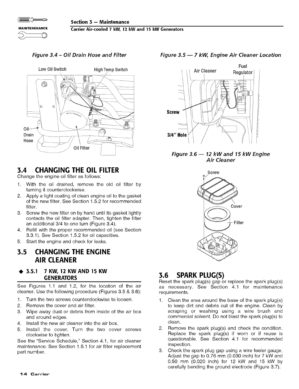 4 changing the oil filter, 5 changing the engine air cleaner, 1 7 kw, 12 kw and 15 kw | Generators, 6 spark pluc(s), Changing the oil filter, Changing the engine air cleaner, Spark plug(s) | Carrier ASPASICCA007 User Manual | Page 16 / 24