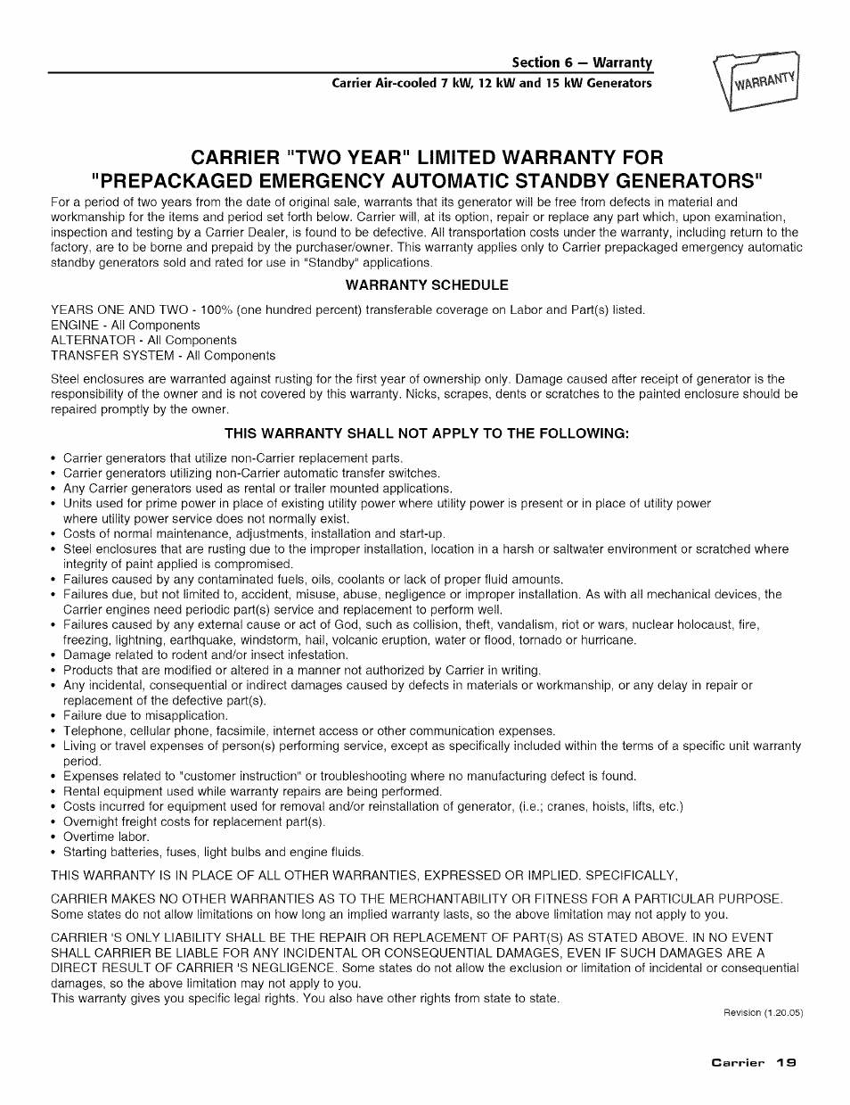 Warranty schedule, This warranty shall not apply to the following | Carrier ASPASICCA007 User Manual | Page 21 / 24