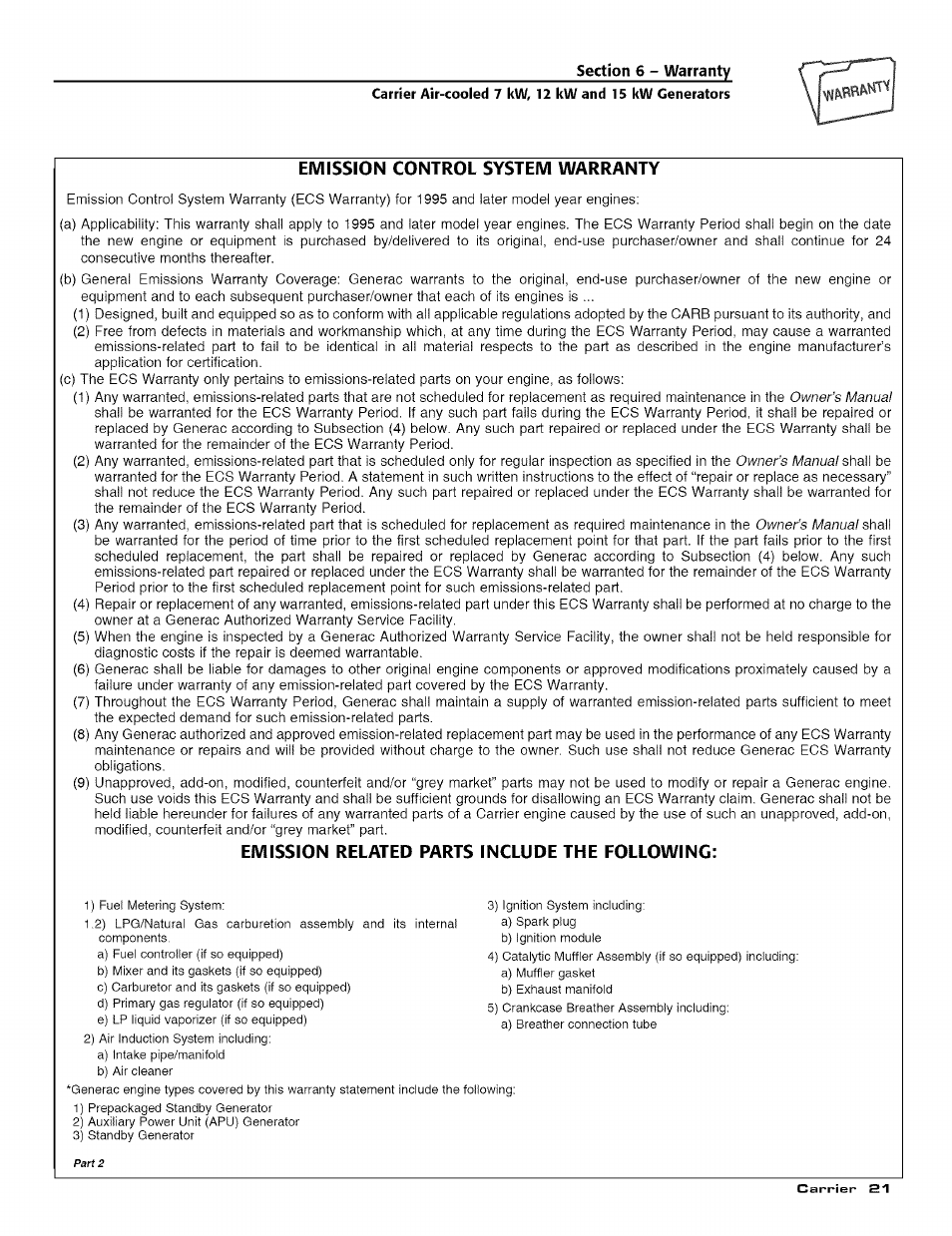 Emission control system warranty, Emission related parts include the following | Carrier ASPASICCA007 User Manual | Page 23 / 24