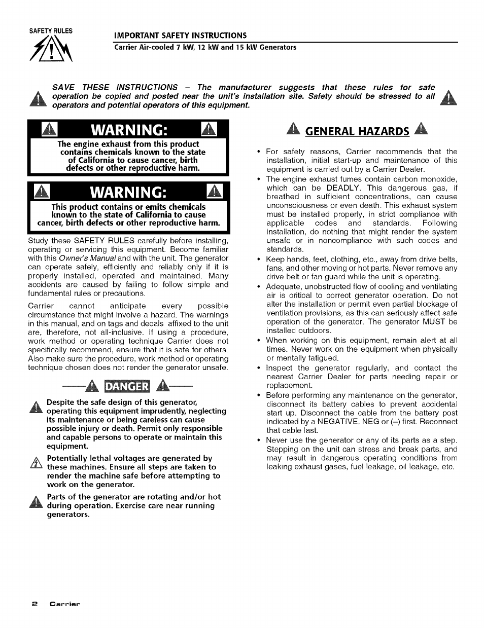 Important safety instructions, M general hazards m, Warning | Carrier ASPASICCA007 User Manual | Page 4 / 24