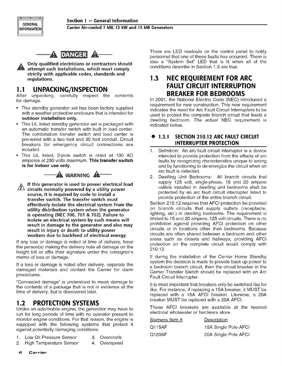 Danger, I.l unpackinc/inspection, 2 protection systems | Unpacking/lnspection, Protection systems | Carrier ASPASICCA007 User Manual | Page 6 / 24