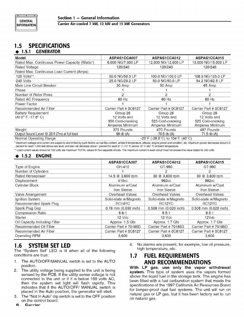 5 specifications, 1 generator, 2 engine | 6 system set led, 7 fuel requirements and recommendations | Carrier ASPASICCA007 User Manual | Page 8 / 24