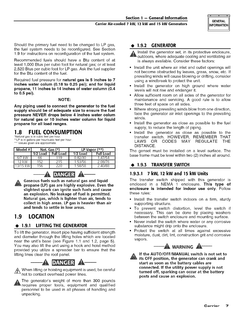 4 1.9.2 generator, Danger, 9 location | 1 lifting the generator, 3 transfer switch, 1 7 kw, 12 kw and 15 kw units, A- a, 8 fuel consumption | Carrier ASPASICCA007 User Manual | Page 9 / 24