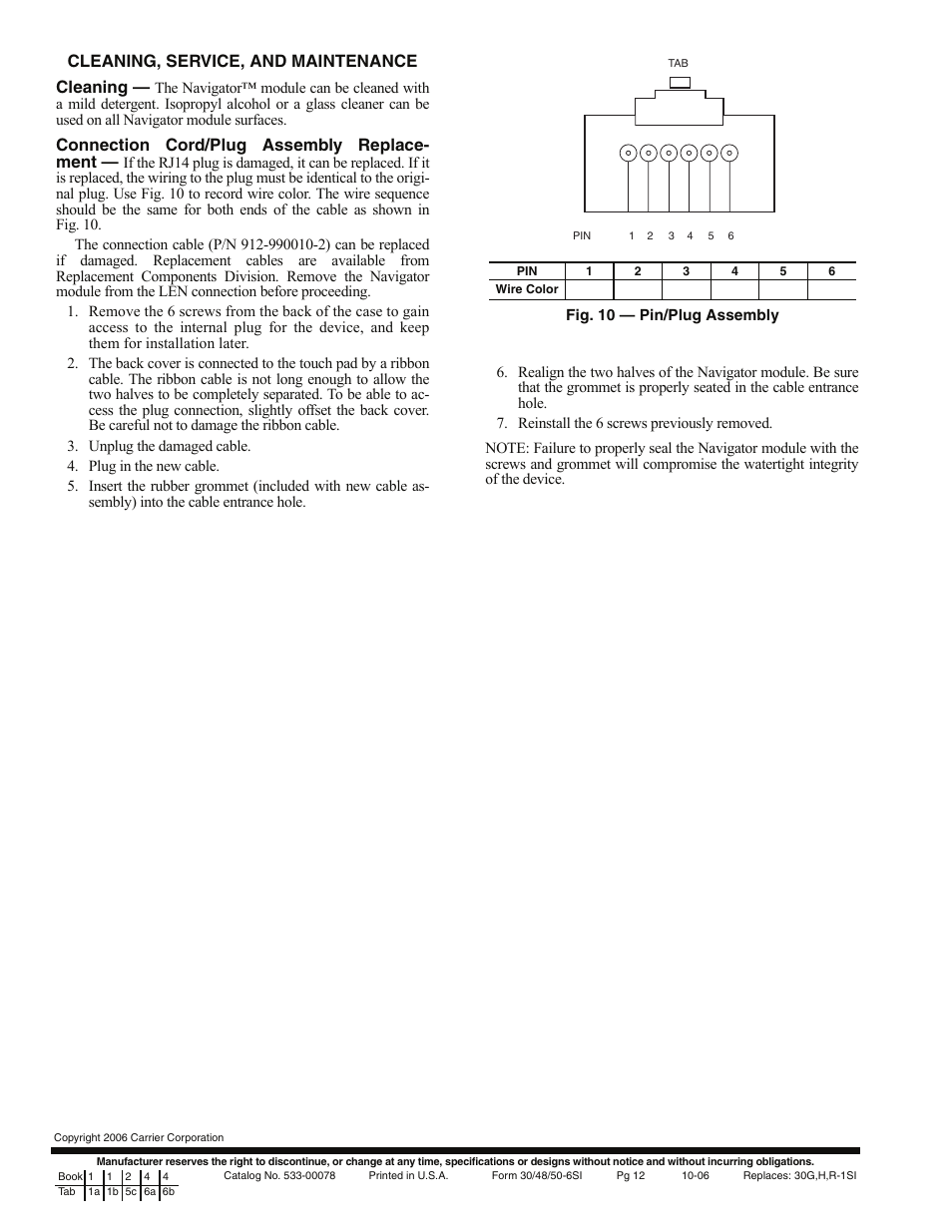 Cleaning, service, and maintenance cleaning, Connection cord/plug assembly replace- ment | Carrier 30GT-911---062 User Manual | Page 12 / 12