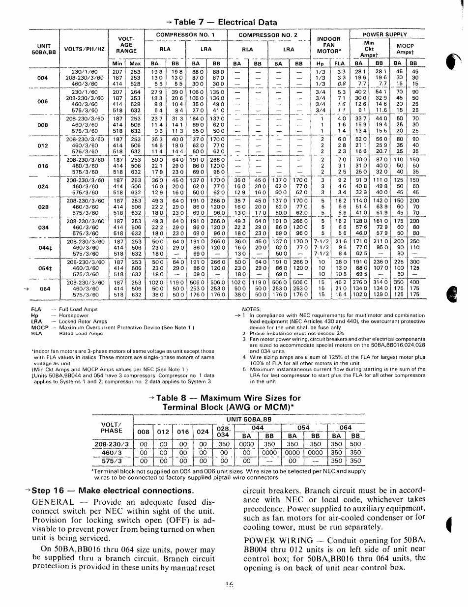 Table 7 — electrical data, Step 16 — make electrical connections | Carrier 50BA User Manual | Page 16 / 24