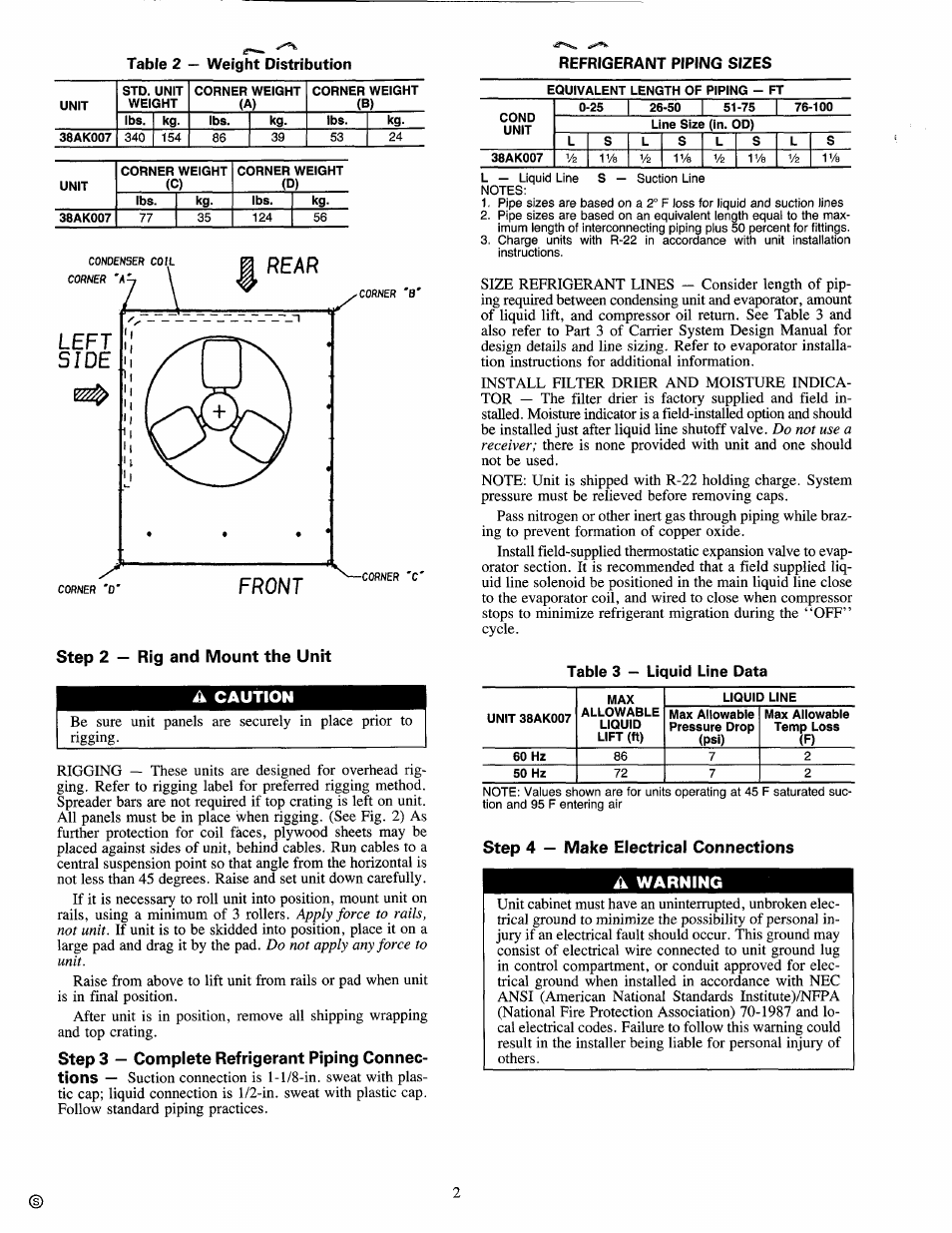Refrigerant piping sizes, Step 2 - rig and mount the unit, Step 4 — make electrical connections | Ik cautlon, A warning | Carrier 38AK007 User Manual | Page 2 / 8