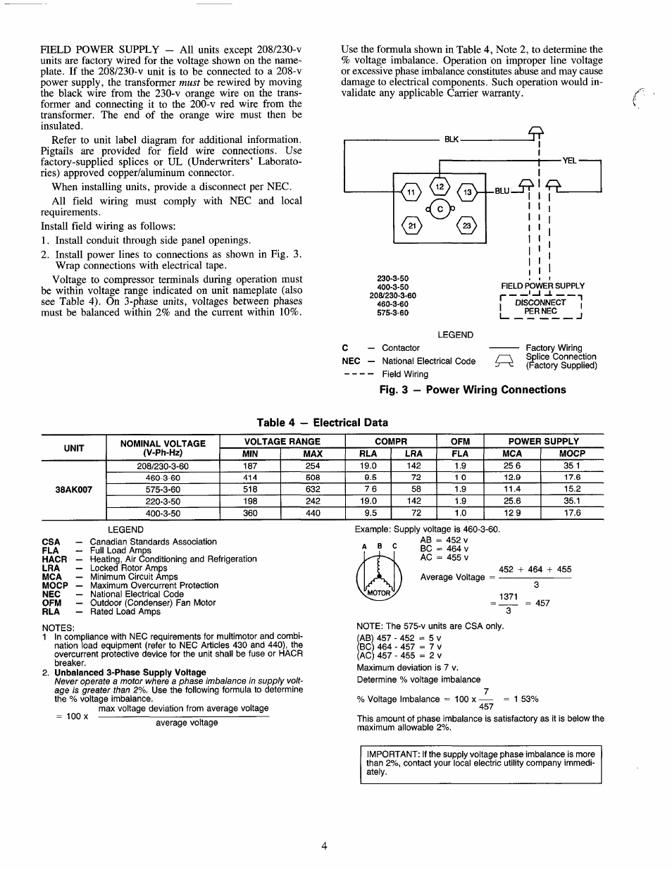 Fig. 3 — power wiring connections | Carrier 38AK007 User Manual | Page 4 / 8