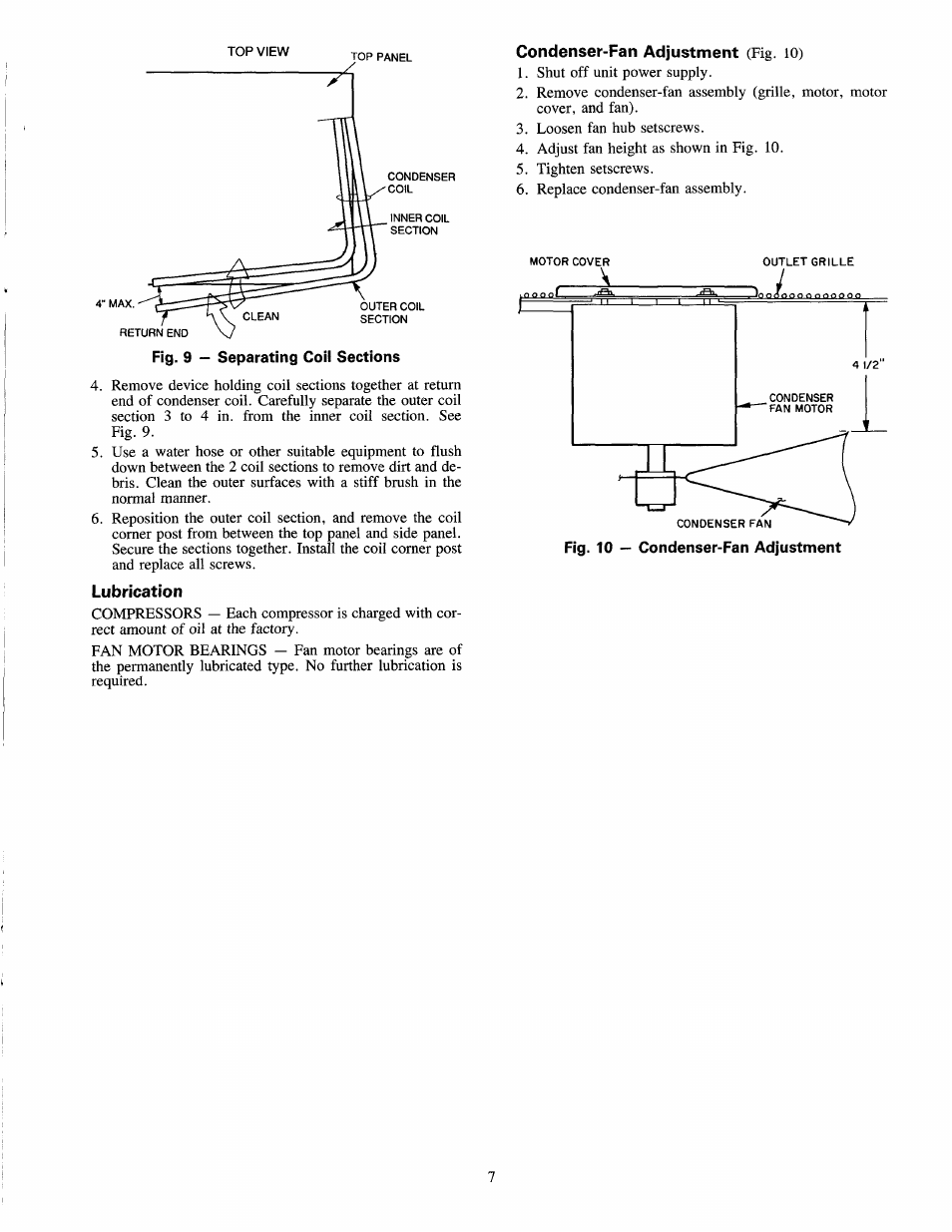 Lubrication, Condenser-fan adjustment (fig. lo) | Carrier 38AK007 User Manual | Page 7 / 8