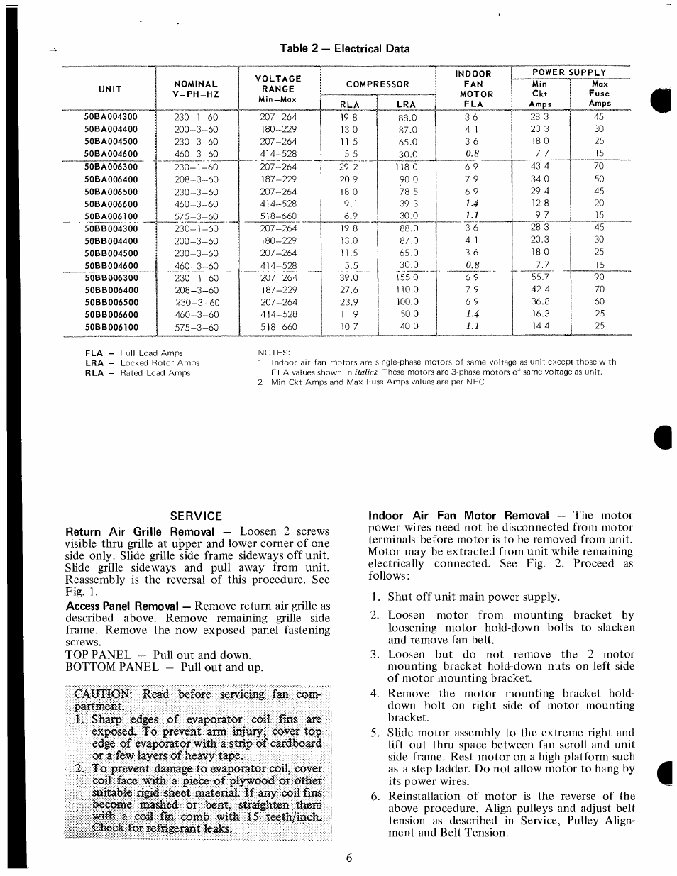 Service, Cairnon, Table 2 — electrical data | Carrier 50BA User Manual | Page 6 / 8