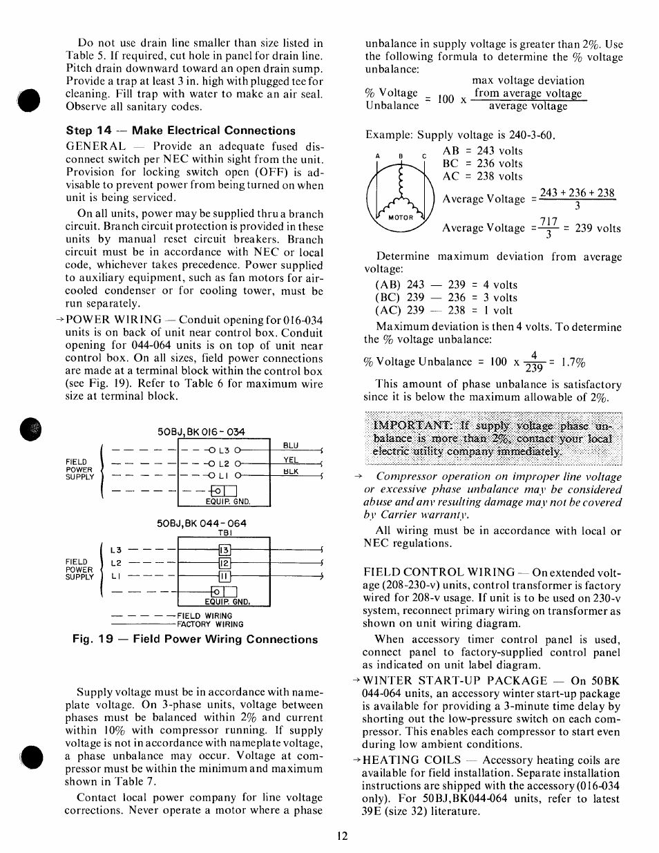 Step 14 — make electrical connections, Important: ff supply vorage phase «a- balaace | Carrier 50BK User Manual | Page 13 / 20