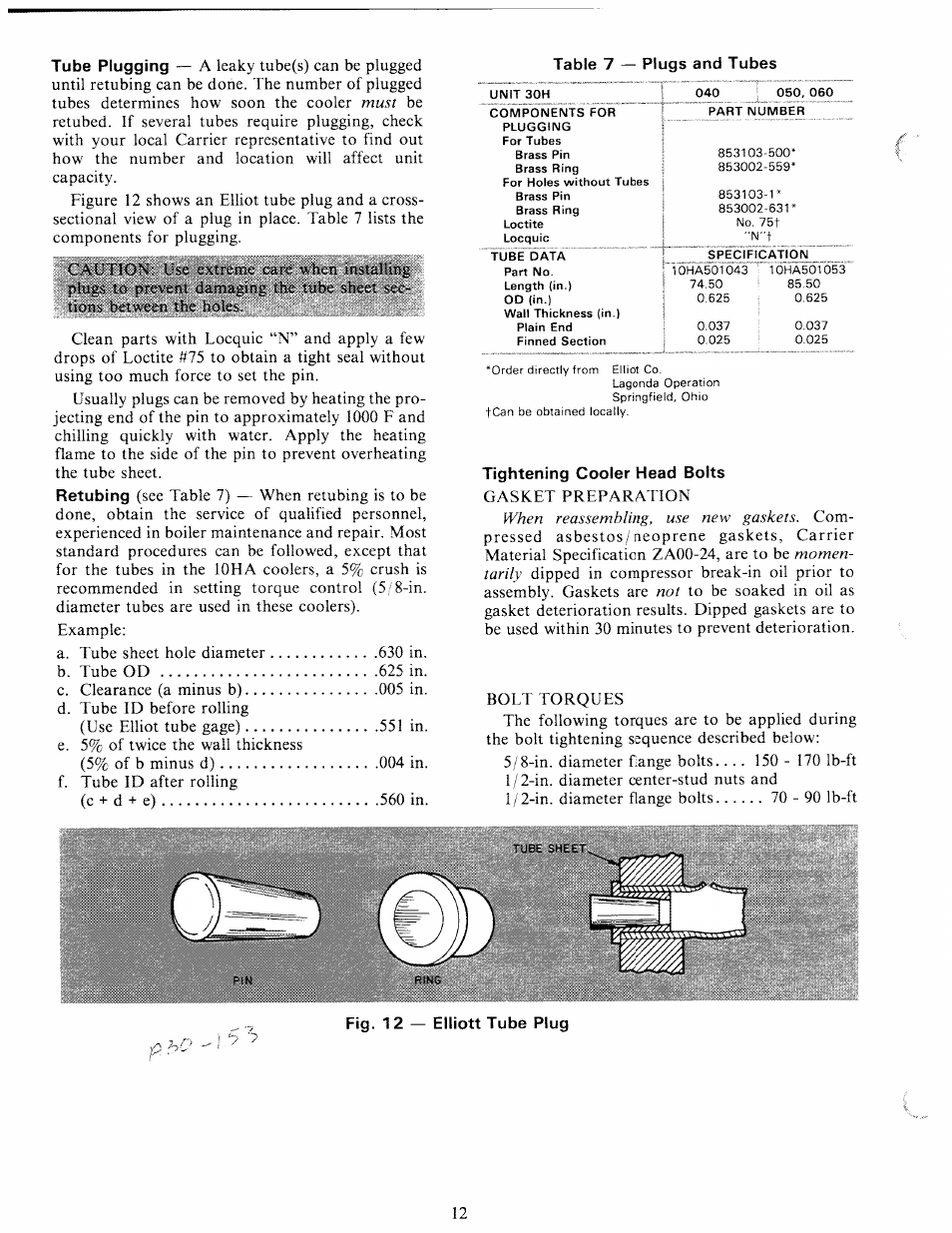 Table 7 — plugs and tubes, Tightening cooler head bolts | Carrier 30H User Manual | Page 12 / 16