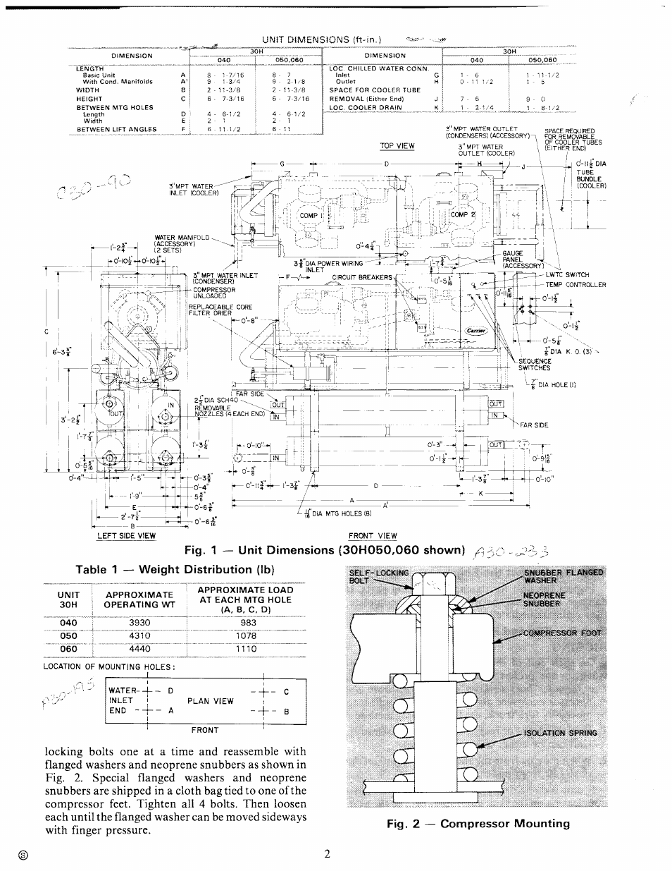 Table 1 — weight distribution (lb), Fig. 2 — compressor mounting, Unit dimensions | Carrier 30H User Manual | Page 2 / 16
