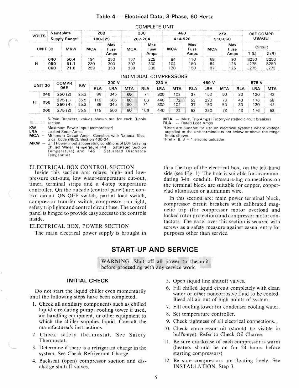 Initial check, Start-up and service, Warning | Power, Before proceeding with, Shut, Unit, Any service work. initial check | Carrier 30H User Manual | Page 5 / 16