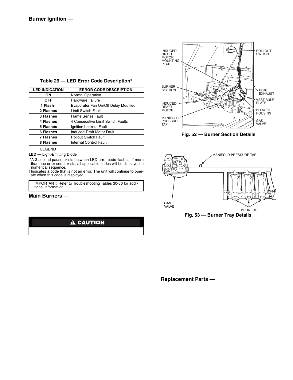Burner ignition, Main burners, Replacement parts | Carrier 48HJD005-007 User Manual | Page 37 / 48