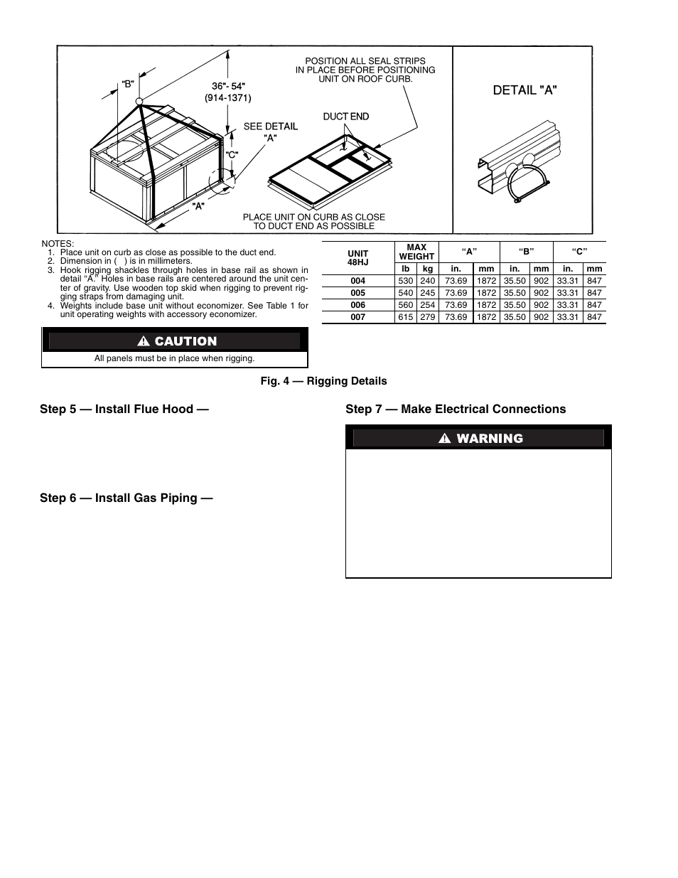 Step 5 — install flue hood, Step 6 — install gas piping, Step 7 — make electrical connections | Carrier 48HJD005-007 User Manual | Page 4 / 48