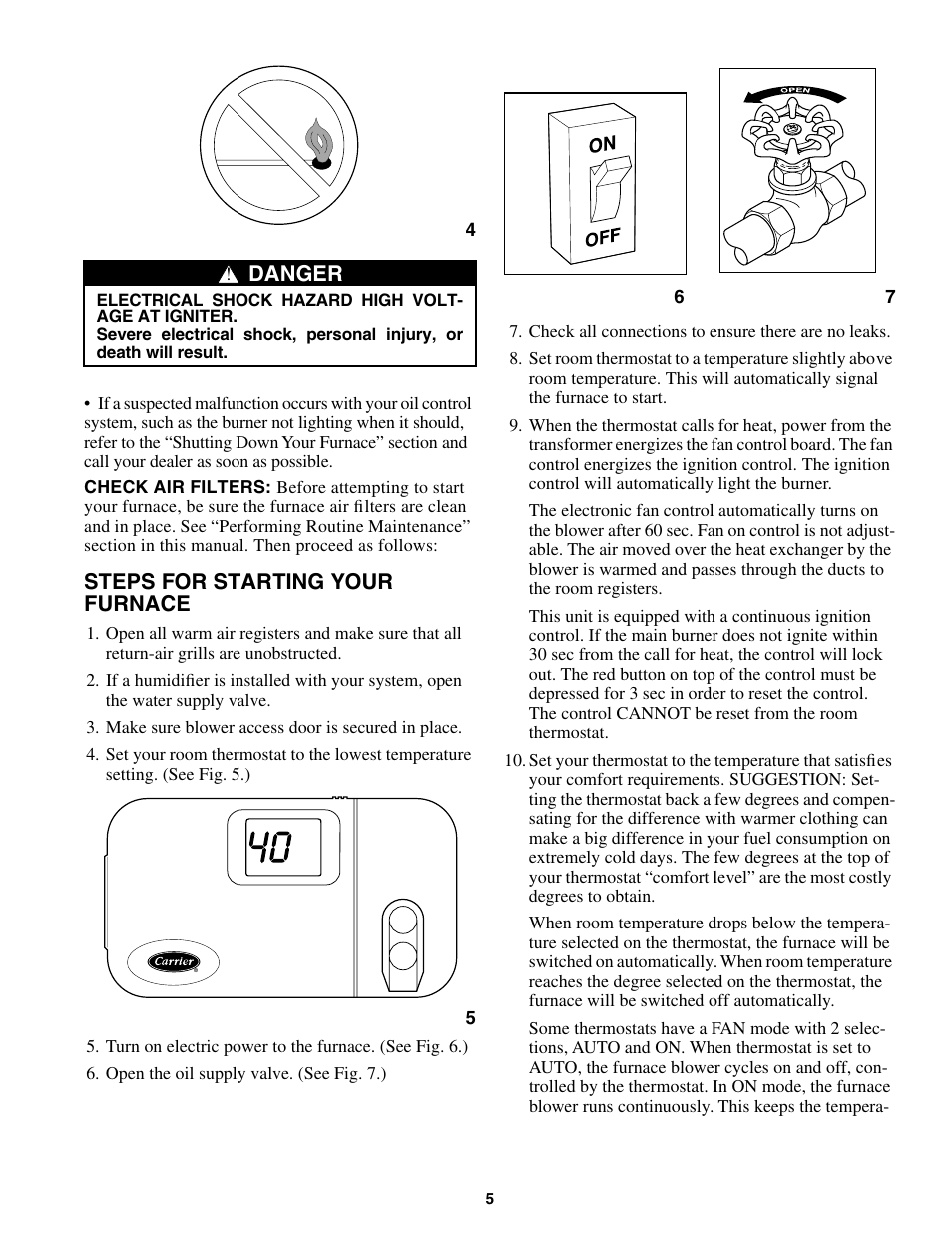 Steps for starting your furnace, Danger | Carrier 58CLA User Manual | Page 5 / 8