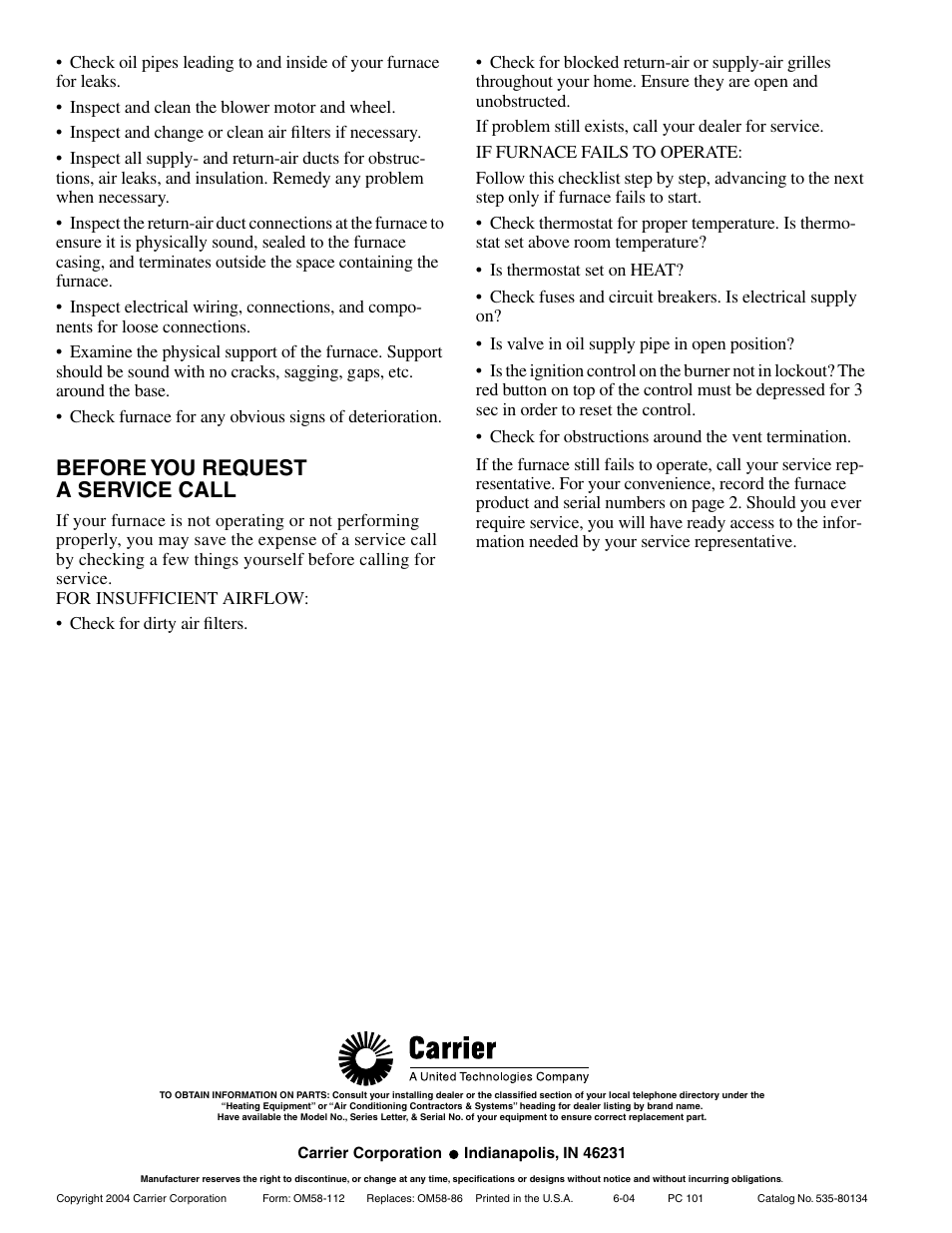 Before you request a service call | Carrier 58CLA User Manual | Page 8 / 8