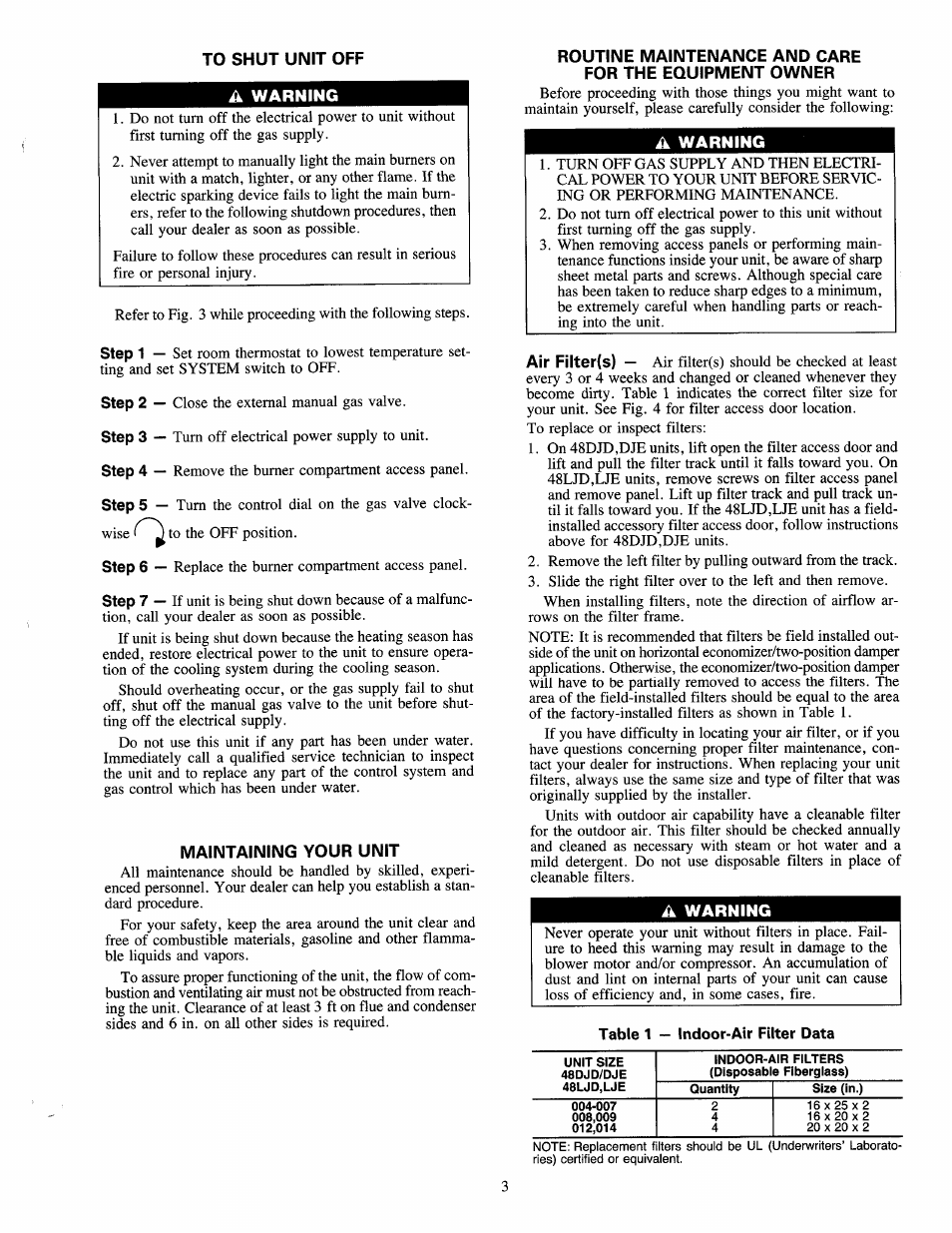 To shut unit off, A warning, Maintaining your unit | Carrier 48DJE User Manual | Page 3 / 8