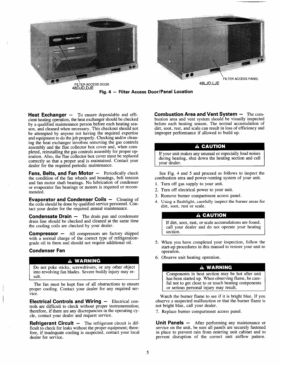 Fig. 4 — filter access door/panel location, Condenser fan, A warning | A caution | Carrier 48DJE User Manual | Page 5 / 8