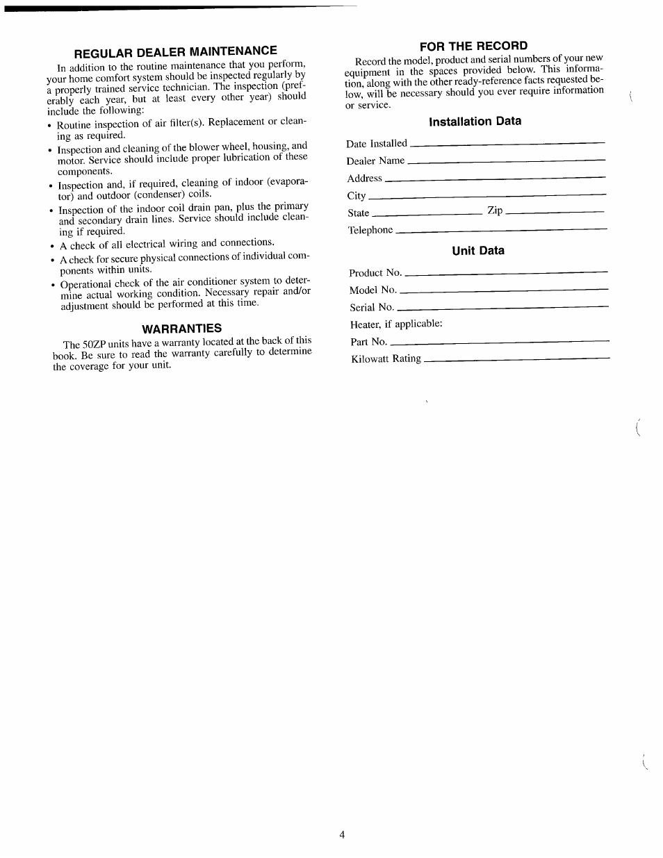 Regular dealer maintenance, Warranties, For the record | Installation data, Unit data | Carrier 50ZP User Manual | Page 4 / 6