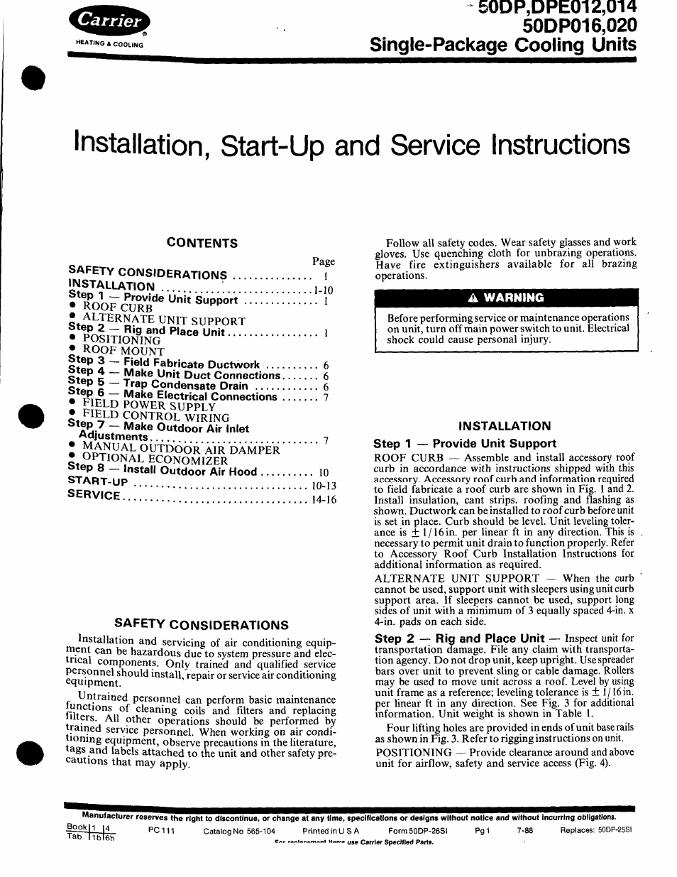 Carrier 50DP016 User Manual | 16 pages