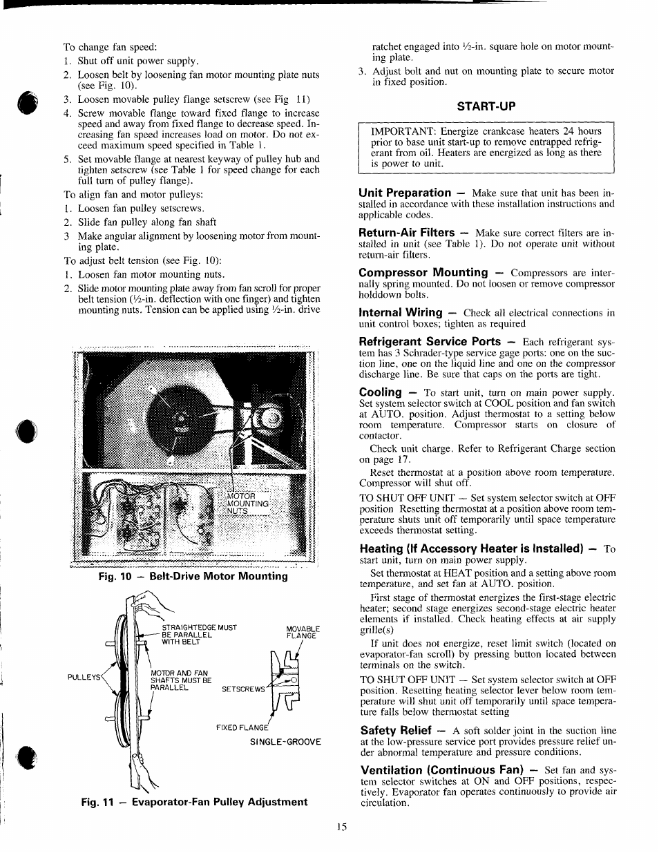 Fig. 10 — belt-drive motor mounting, Start-up, Heating (if accessory heater is installed) — to | Carrier 50LJ008-014 User Manual | Page 15 / 19
