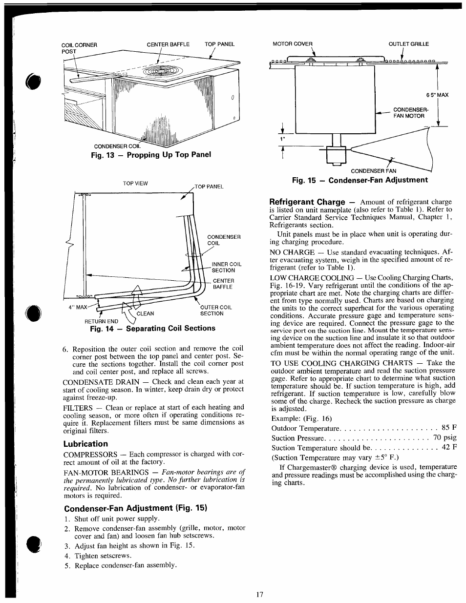 Lubrication, Condenser-fan adjustment (fig. 15) | Carrier 50LJ008-014 User Manual | Page 17 / 19