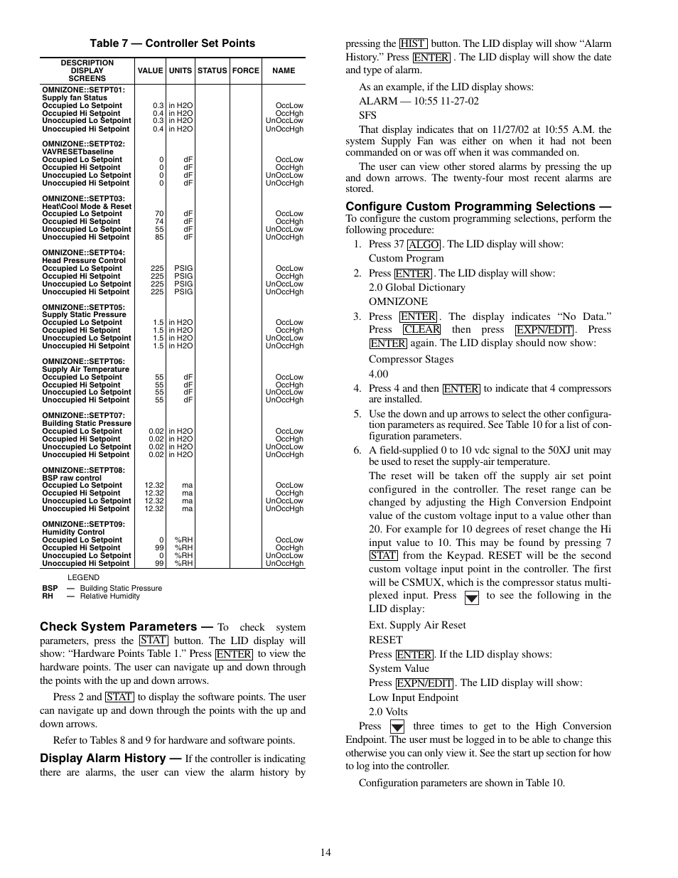 Check system parameters, Display alarm history, Configure custom programming selections | Carrier OMNIZONE 50XJ064-104 User Manual | Page 14 / 64