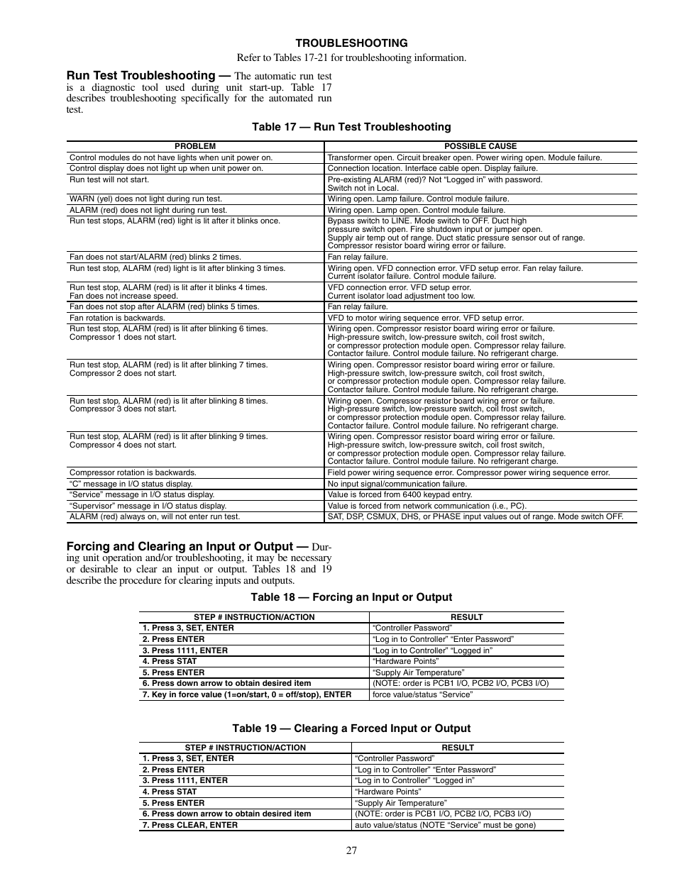 Run test troubleshooting, Forcing and clearing an input or output | Carrier OMNIZONE 50XJ064-104 User Manual | Page 27 / 64