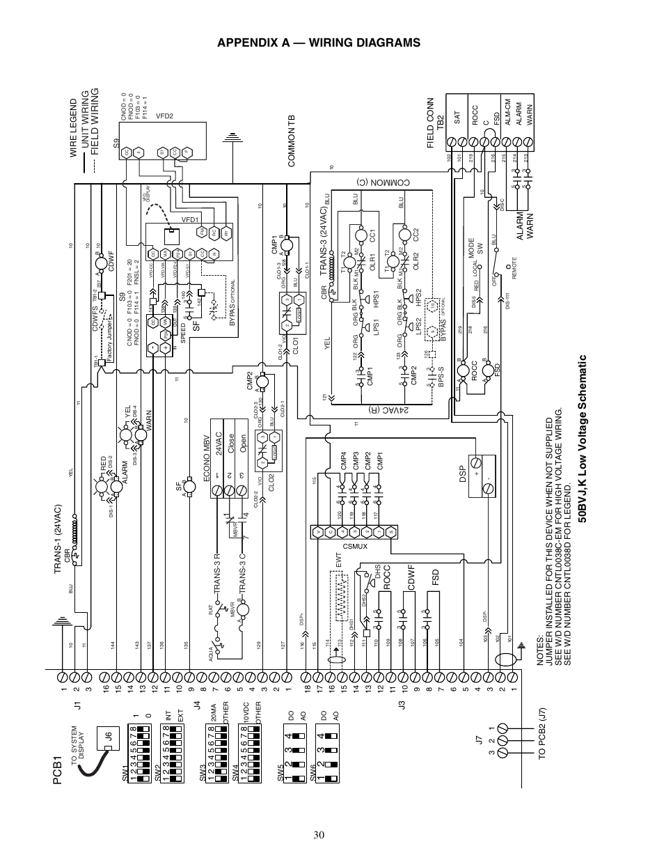 Appendix a — wiring diagrams, Pcb1, Field wiring | Unit wiring | Carrier OMNIZONE 50XJ064-104 User Manual | Page 30 / 64