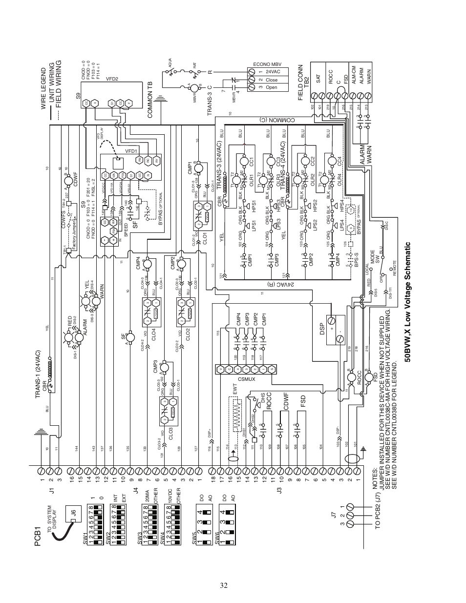 Pcb1, Field wiring, Unit wiring | Trans-1 (24v ac), Rocc, Cdwf, Dsp common tb, Wire legend, Trans-3 (24v ac), Trans-4 (24v ac) | Carrier OMNIZONE 50XJ064-104 User Manual | Page 32 / 64
