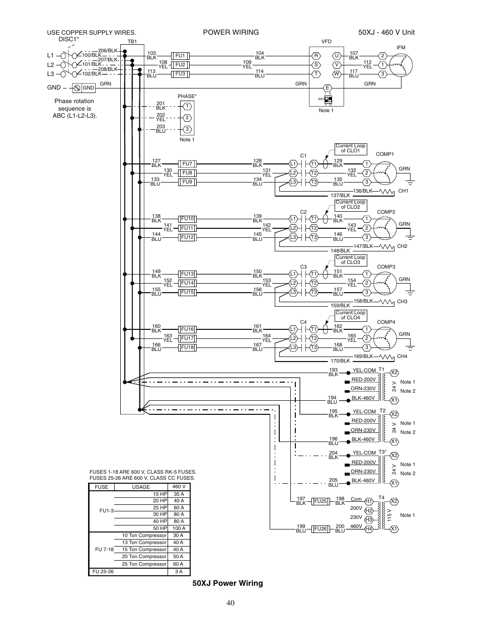 50xj power wiring, Power wiring | Carrier OMNIZONE 50XJ064-104 User Manual | Page 40 / 64
