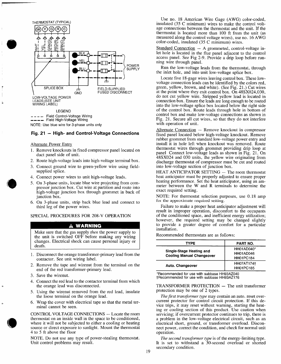 Fig. 21 — high- and control-voltage connections, A warning | Carrier 48SX024-048 User Manual | Page 19 / 45