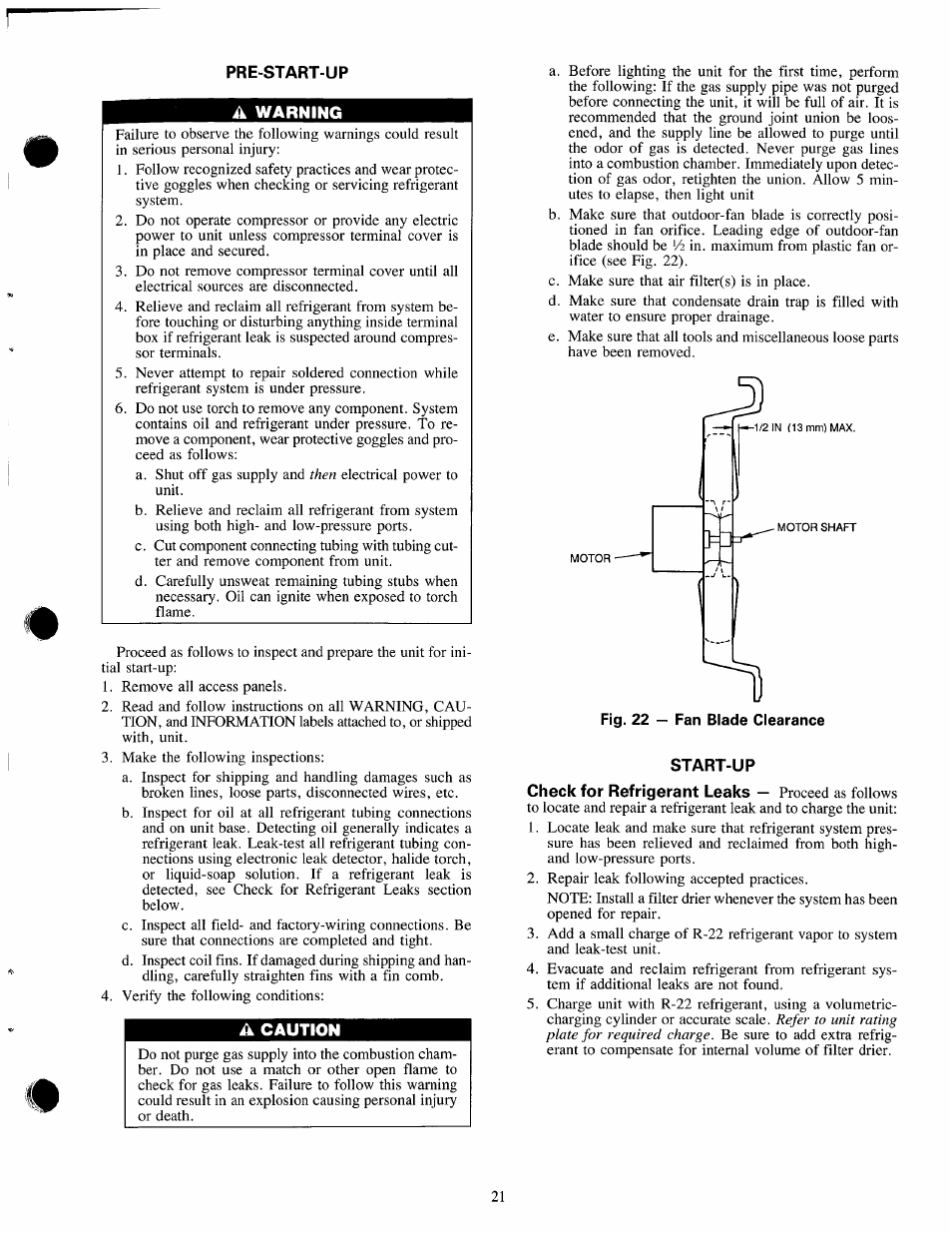 A caution, Start-up, Check for refrigerant leaks - proceed as follows | Carrier 48SX024-048 User Manual | Page 21 / 45