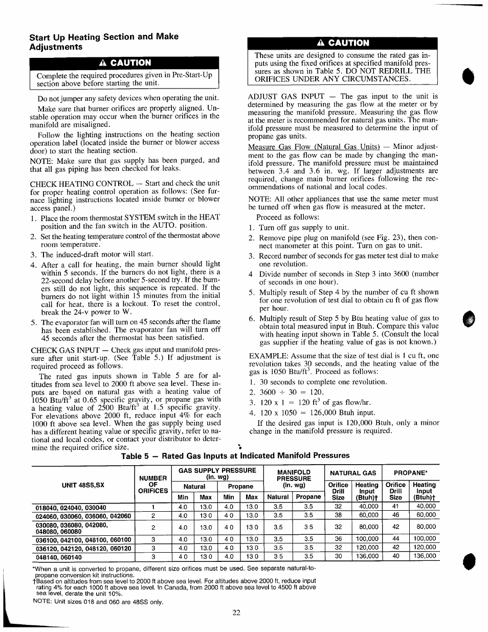 Start up heating section and make adjustments, A caution, Table 5 — rated gas inputs at | Indicated manifold pressures, Caution | Carrier 48SX024-048 User Manual | Page 22 / 45